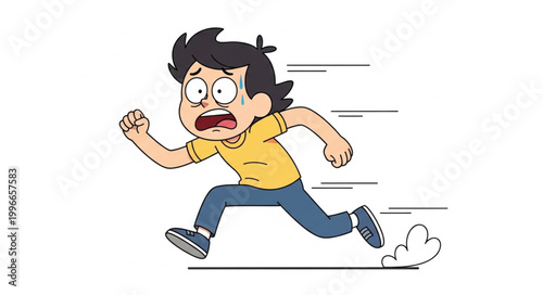 Cartoon boy running fast with scared expression.