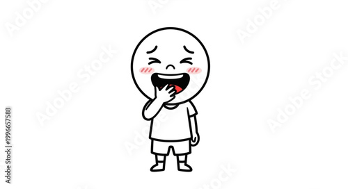 Cartoon character laughing with hand covering mouth and blushing cheeks.