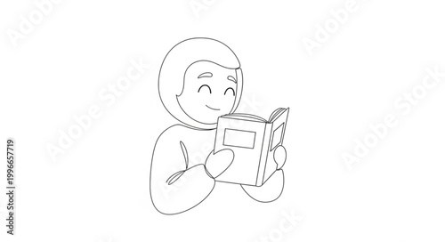 Child happily reading a book with a smile.