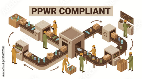 Industrial production line with workers and automated machinery, showcasing a streamlined manufacturing process with quality control and efficiency