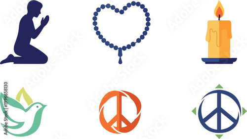 Praying person silhouette is shown next to a rosary and a candle representing religious devotion and faith.