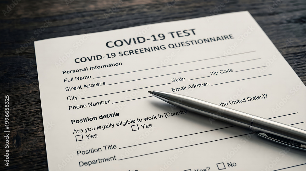 Obraz premium COVID-19 Screening Questionnaire Form with Pen, Health and Medical Information Document