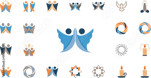 Icons representing spiritual harmony and prayer feature stylized figures and candles arranged in a grid pattern.