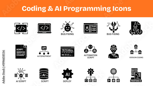 AI Coding Silhouette Icons Set, Programming and Software Development Vector Pack