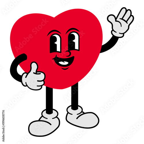 Retro cartoon heart character mascot. Cheerful cartoon heart character waving with a wide smile. A groovy vector illustration for a communication theme. Vector illustration for valentine theme.