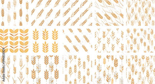 Set of seamless wheat and grain patterns with golden botanical elements for agriculture, organic food, and bakery packaging design