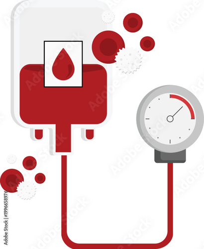 Medical Vector Illustration of Blood Donation Bag with Pressure Gauge and Blood Cells