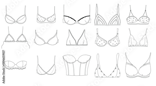 Collection of six different styles of bras and corsets on a white background. Set of women bikini tops and bottoms in various styles triangle high waisted and tie side for fashion design, vector.