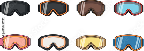Ski goggles vector collection featuring winter sports eyewear in various styles isolated on light background for snowboarding and skiing design