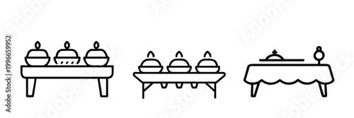 Catering line icons set buffet serving table dinner banquet layout catering service food station restaurant & more vector illustration with editable stroke.
