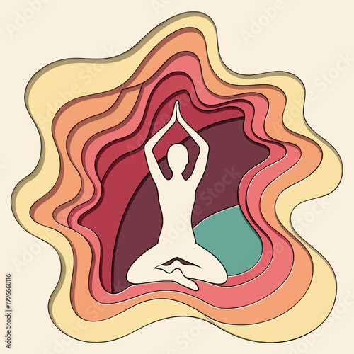 Abstract yoga silhouette in layered cutout style.
