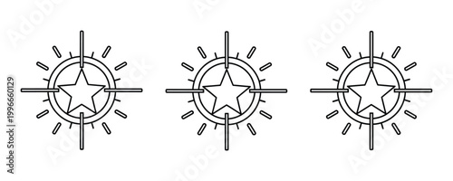 Three identical star shaped designs within oval frames black and white illustration