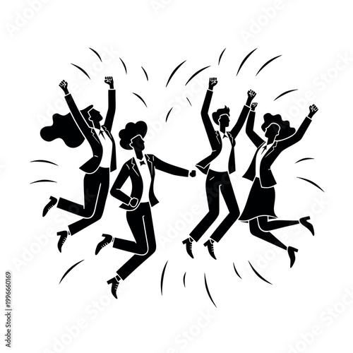 Team Celebrating Success Victory Jump Silhouette Illustration
