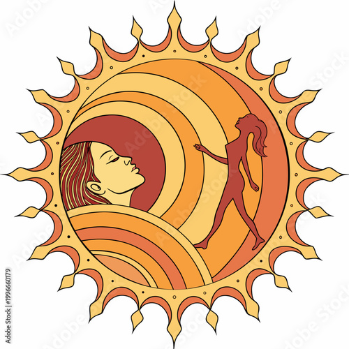 Sun face design with female hiker silhouette art.