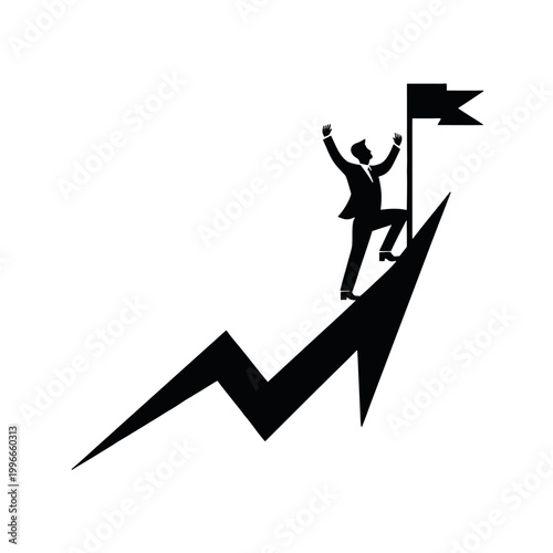Businessman Raising Flag On Profit Peak Silhouette Illustration
