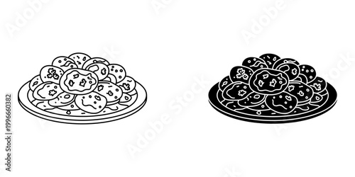 Bowl of kheer rice pudding with mint garnish vector icon set featuring line art and solid black versions for traditional indian dessert menu sweet treat graphics culinary design and recipe blogs.