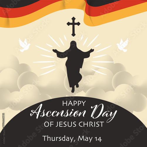 Ascension Day greeting in Germany featuring the silhouette of Jesus Christ, doves, and the German national flag above the clouds.