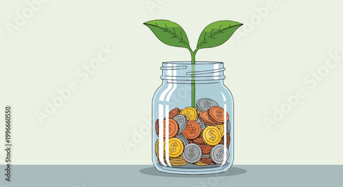 Foto A cartoon jar with coins and a growing plant