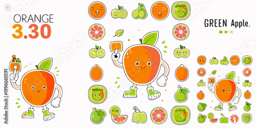 anthropomorphic fruits with orange and green apple characters