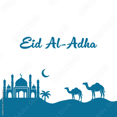 Eid Al Adha greeting featuring blue silhouettes of a mosque, camels on desert dunes, and a crescent moon.Vector Illustration