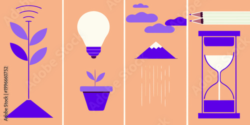 five vertical panels with various icons on orange background