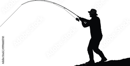 Silhouetted fisherman with bent rod a moment of intense fishing action