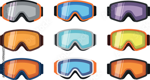 Ski goggles vector set featuring colorful winter sports eyewear isolated on light background for snowboarding and skiing design