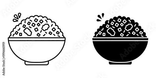Rice bowl with meat and vegetables icon collection in thin line and solid black silhouette style vector illustration depicting traditional asian fried rice meal isolated on white for menu graphic.