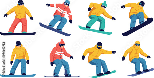 Snowboarder vector set featuring winter sports athletes riding snowboards isolated on light background for extreme sport and recreation design