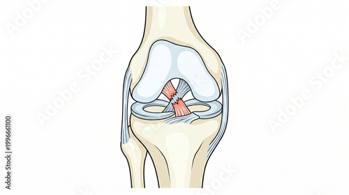 Medical illustration of a torn anterior cruciate ligament (ACL) in the human knee joint anatomy