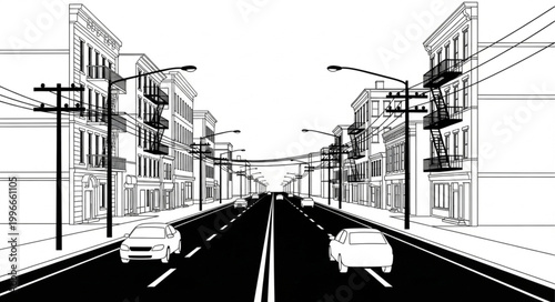 City street with cars and buildings in a sketch style.