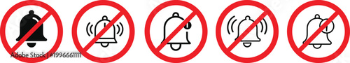 No notification bell icon set with crossed circle indicating mute alert and silence mode concept. Prohibited ringing symbol collection for app interface and sound control design. Simple vector 