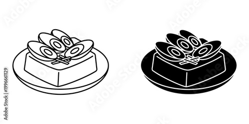 Century egg with tofu dish icon vector set showing sliced thousand year egg served over bean curd on a plate in linear and solid styles for chinese cuisine menu design food app digital graphics.