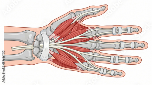 Anatomical illustration of the human hand and wrist showing muscles, tendons, and carpal bones