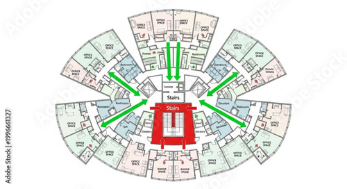 Circular floor plan with central red structure and green arrows indicating movement.