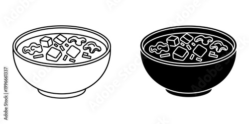 Bowl of soup with cubes icon outline and solid black representing meal or dish with tofu and noodles simple graphic element vector illustration.