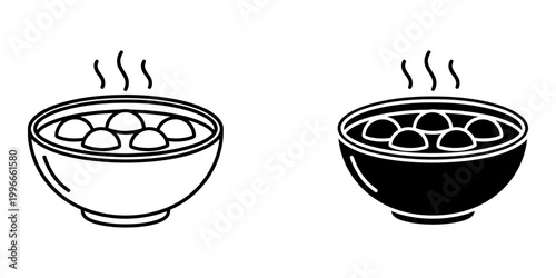Tangyuan sweet soup bowl icons in line and solid versions depicting hot glutinous rice balls for lantern festival celebration and traditional chinese winter solstice food decoration on white.
