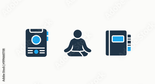 Wellness and mindfulness icons set featuring meditation pose healthy habit tracking device and personal journal self care wellness mindfulness meditation lifestyle tracking notebook relaxation
