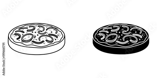 Perspective pizza icon set showing deep dish style with onion rings and savory toppings in outline and black glyph versions for restaurant menu illustrations and fast food delivery app graphics.