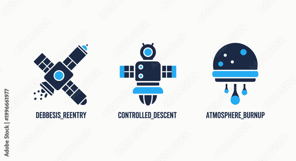 Fototapeta premium Aerospace icons illustrating satellite debris reentry controlled descent and atmospheric burnup for space technology missions with satellite atmosphere controlled technology aerospace engineering