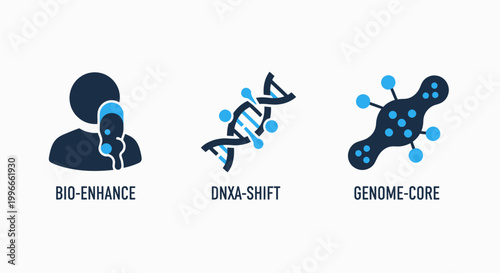 Set of biotechnology icons representing bio-enhancement DNA modification genome core research for scientific and medical software interfaces bio enhance DNA shift biotechnology genetics