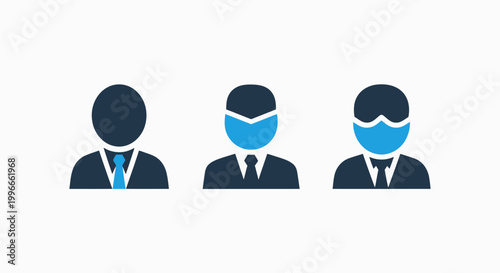 Business professional user profile avatars including masked or censored identity variations with business professional identity security censored representation character corporate executive