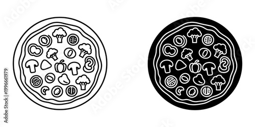 Vegetable garden pizza icon set highlighting vegetarian italian pie with broccoli mushrooms and bell peppers for healthy dining and vegan menu options in pizzerias or organic food establishments.