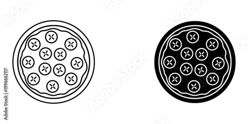 Pepperoni pizza icon set in thin line and silhouette style vector illustration for italian restaurant menus delivery services pizzeria branding fast food packaging and cooking concepts graphic and.