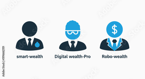 Set of three digital financial technology icons featuring smart wealth robo-wealth investment concepts investment business technology management automated strategy