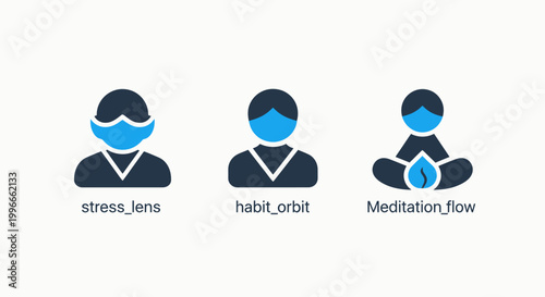 Set of three wellness and mindfulness icons representing stress habit orbit meditation flow with wellness mindfulness meditation lifestyle improvement personal tracking relaxation wellbeing