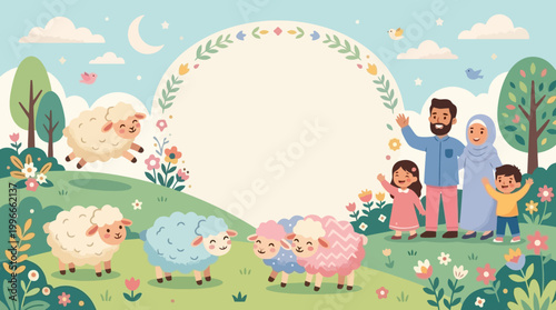 Happy Eid al-Adha Celebration with Family and Sheep