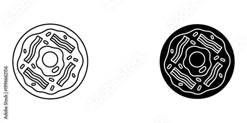 Donut with bacon and fried egg icon in outline and glyph style vector illustration of breakfast pastry for food menus bakery signage sweet and savory snacks design elements isolated on white back.