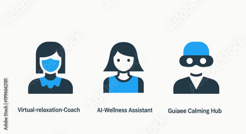 Set of blue and dark grey wellness and virtual assistant icons with wellness assistant coaching healthcare technology mindfulness meditation interface monitoring counseling application