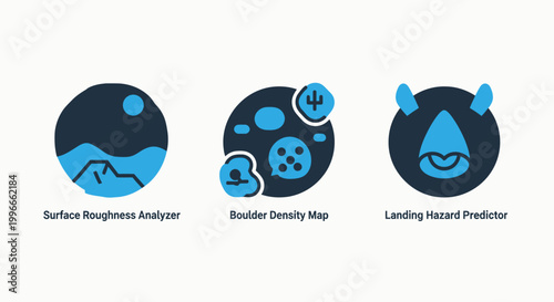 Set of three scientific research icons representing surface roughness analysis rock density map binding nature prediction research analysis roughness laboratory experiment geoscience